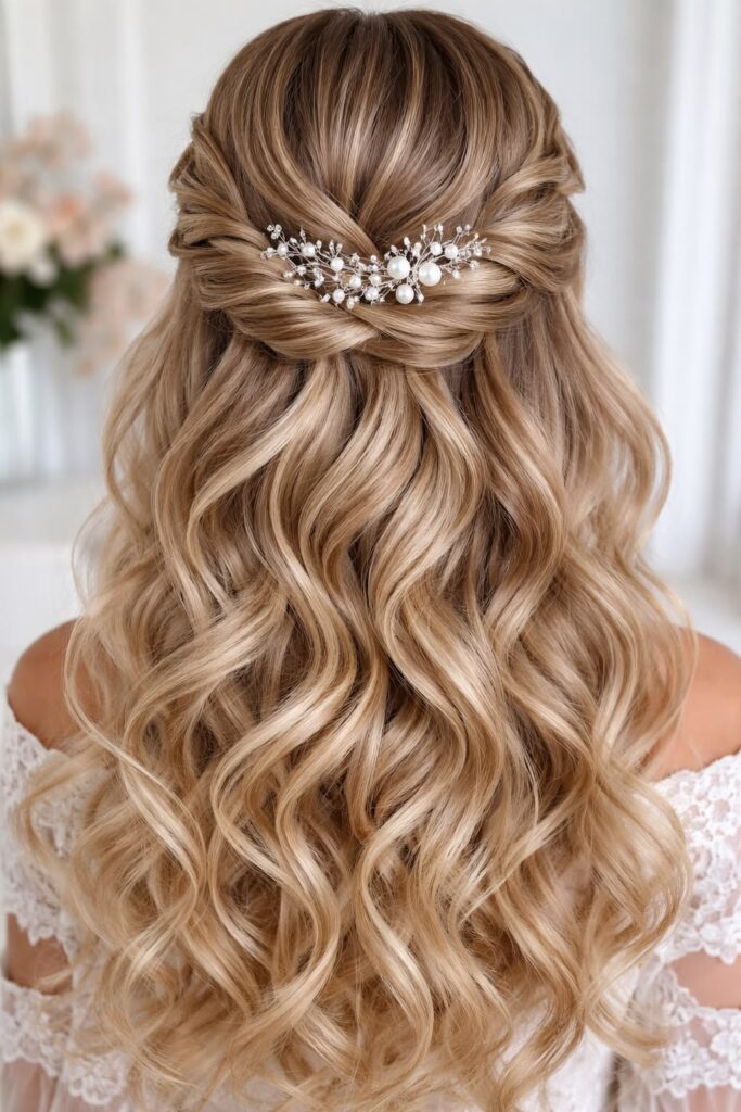Half Up Hairstyle with Pearl Accessories